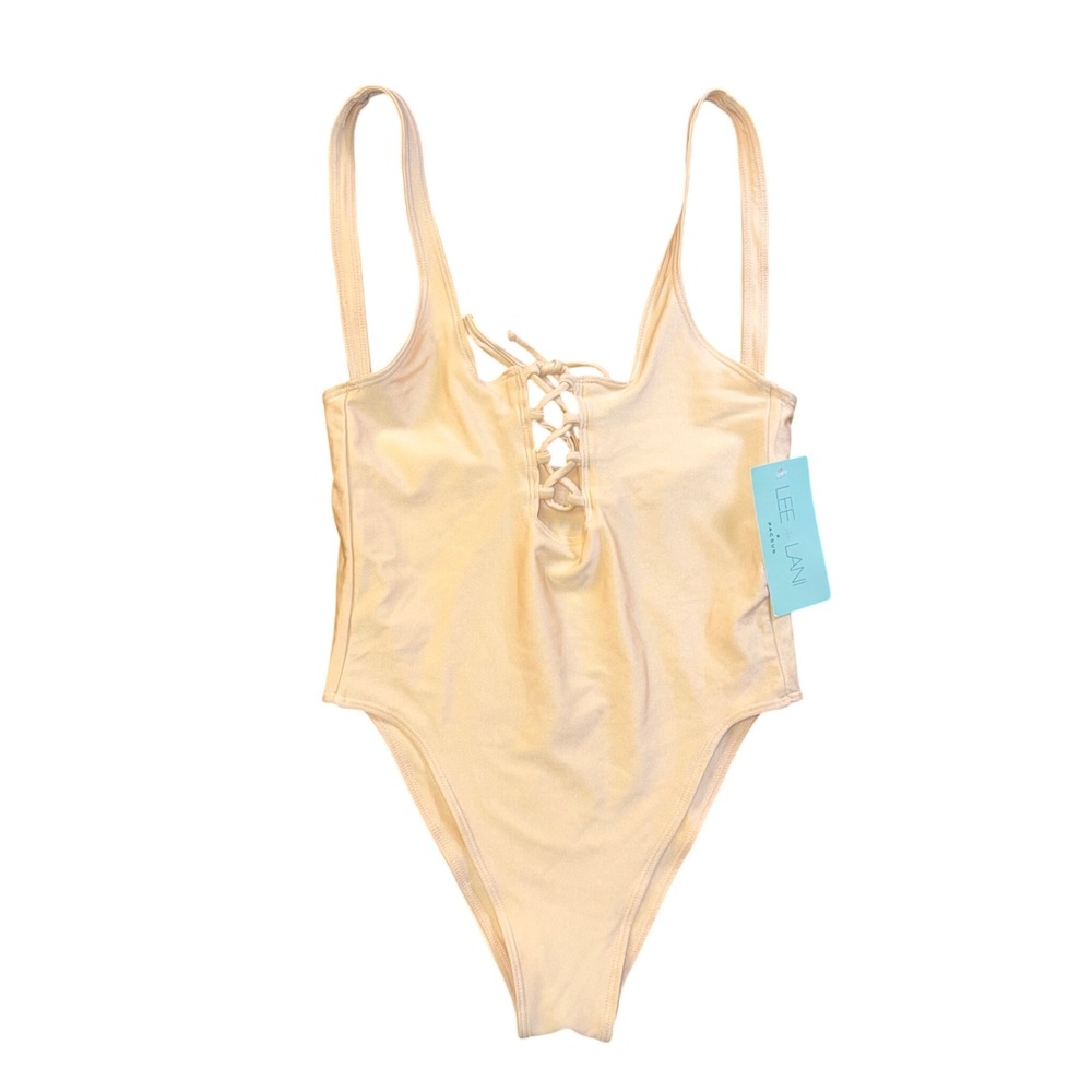 NWT Lee + Lani x PacSun Metallic Gold Lace Up One Piece Swimsuit High Cut Cheeky